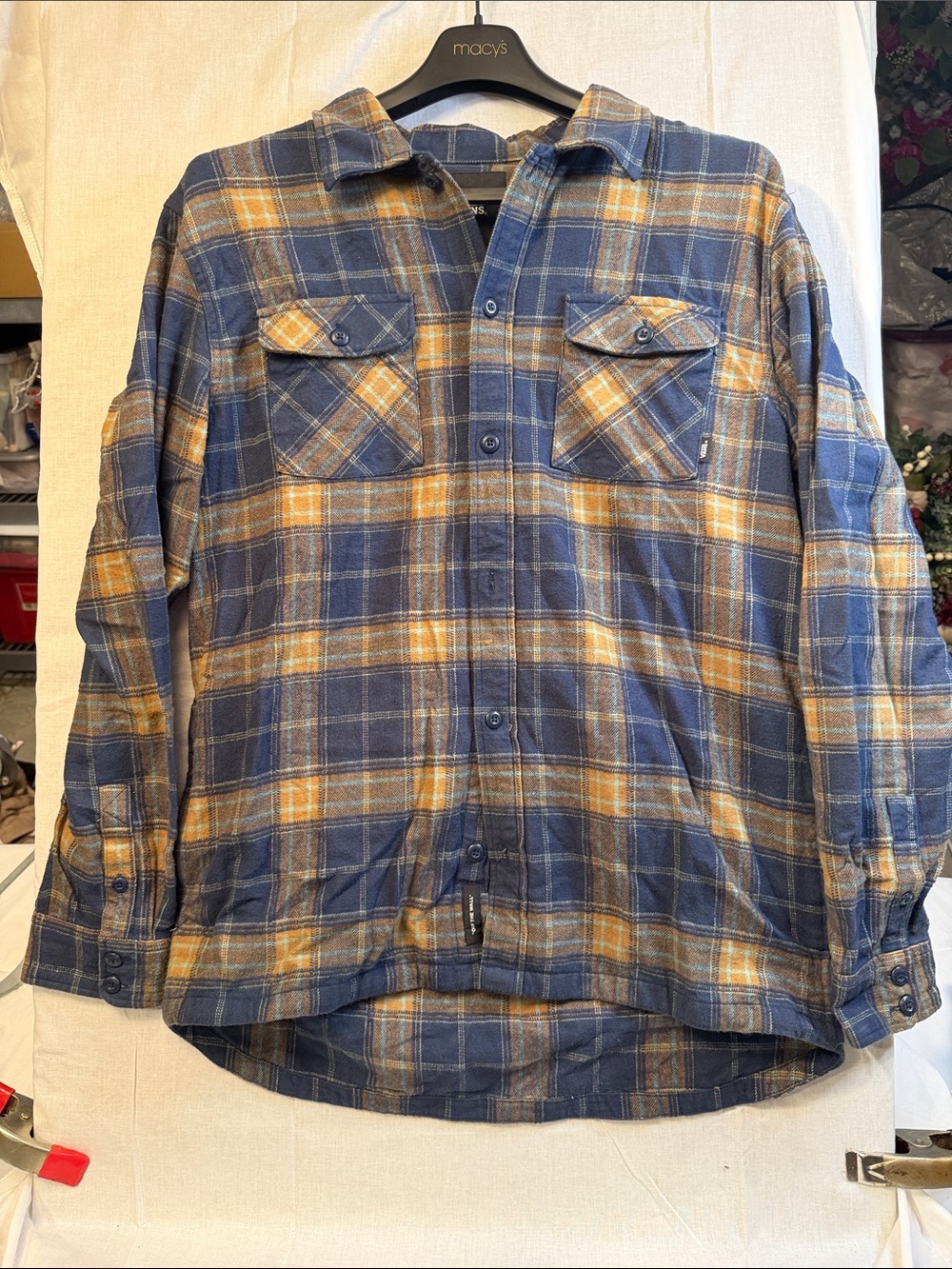 Vans Men's Blue and Tan Plaid Button-Up Shirt/Jacket